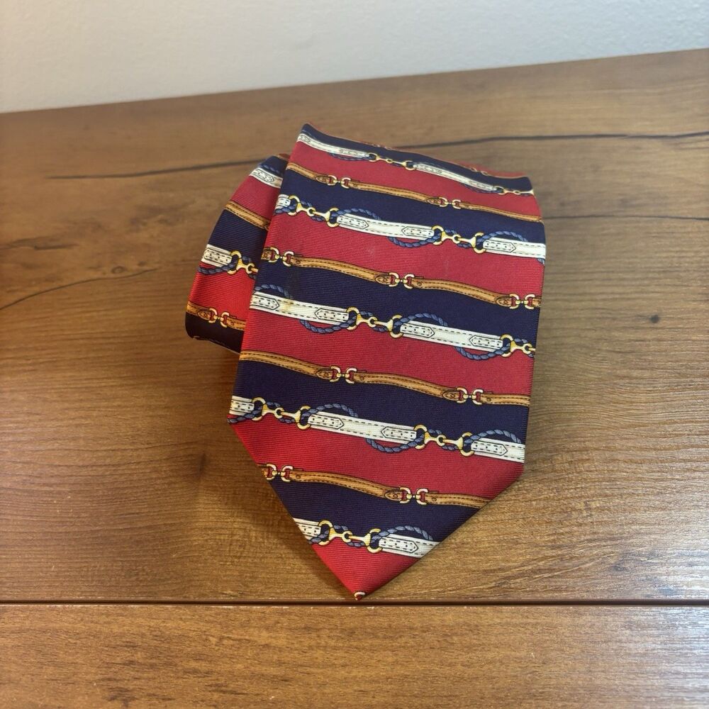 VTG Paolo Designed By Paolo Gucci Silk Tie Italy Equestrian Horsebit Red Navy